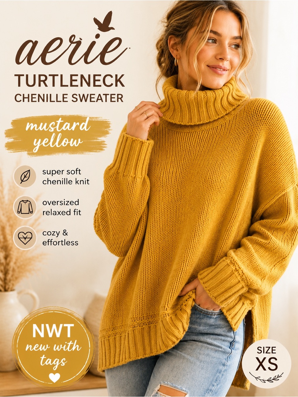 Aerie Mustard Yellow Oversized Turtleneck Chenille Sweater XS NWT